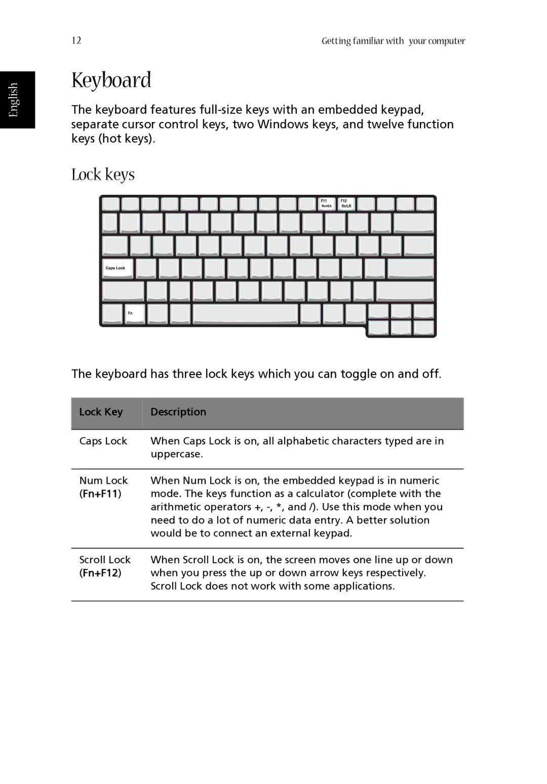 Acer 1660 manual Keyboard, Lock keys 