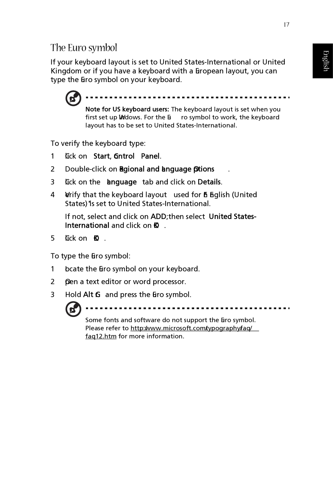 Acer 1660 manual Euro symbol 