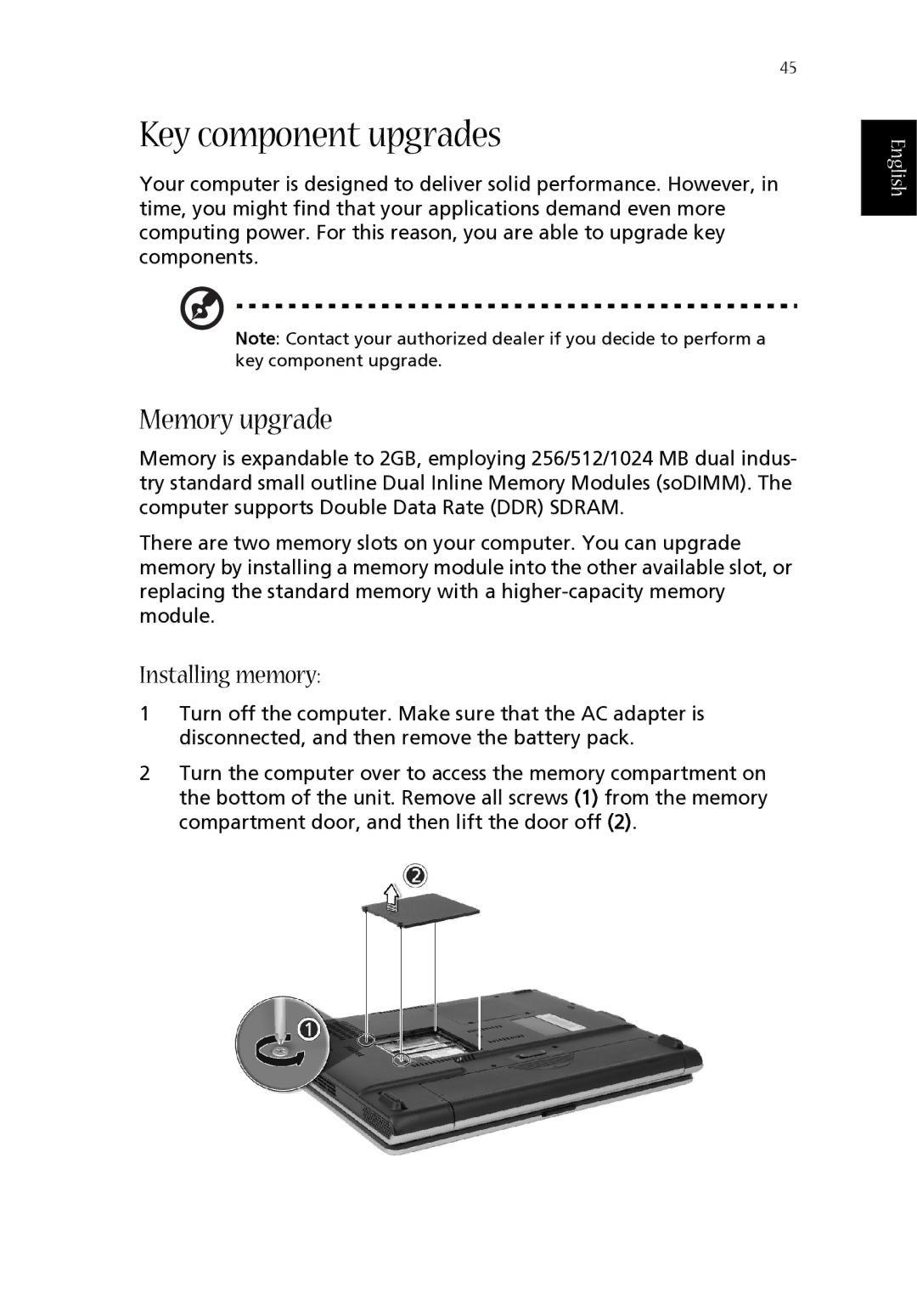 Acer 1660 manual Key component upgrades, Memory upgrade, Installing memory 