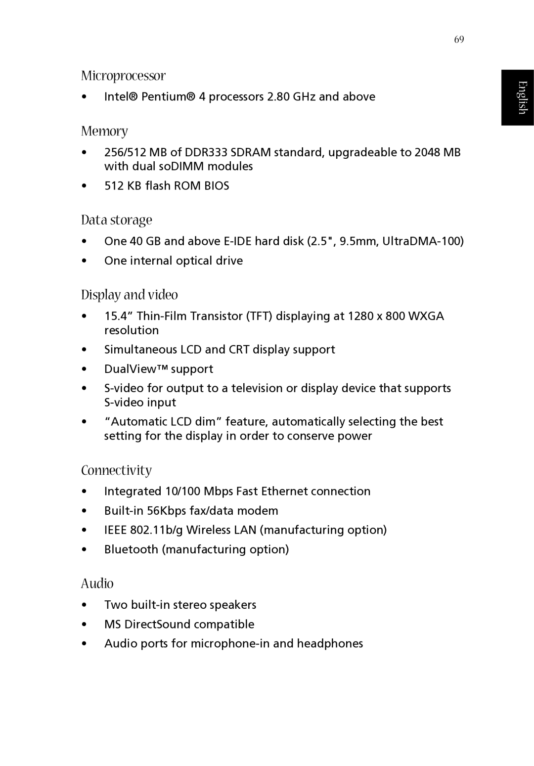 Acer 1660 manual Microprocessor, Memory, Data storage, Display and video, Audio 