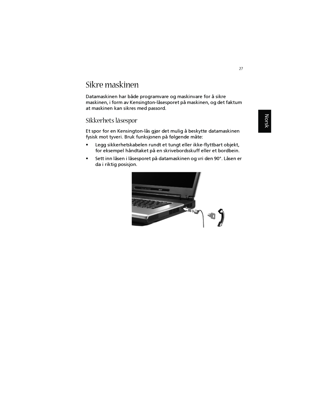 Acer 1660 manual Sikre maskinen, Sikkerhets låsespor, Norsk 