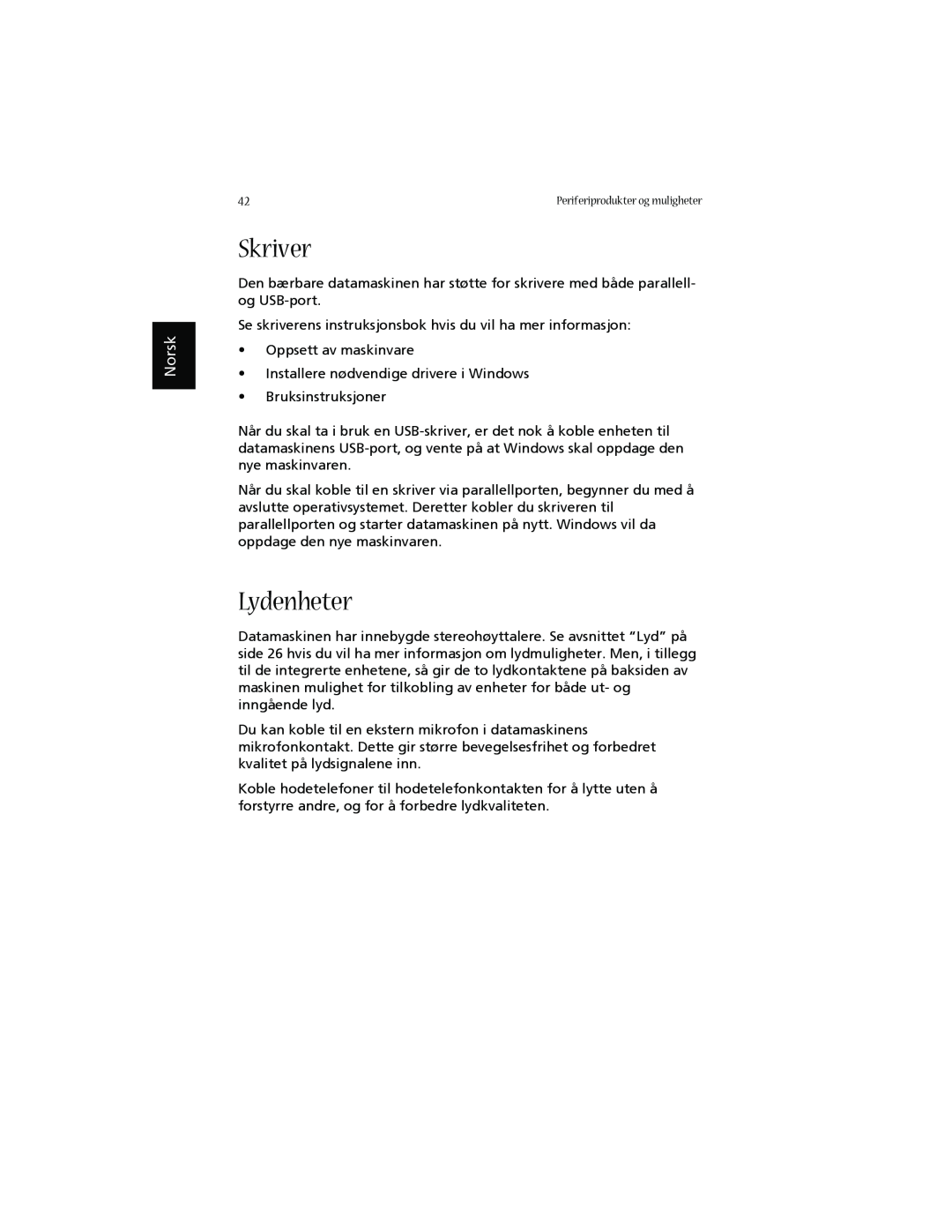 Acer 1660 manual Skriver, Lydenheter, Norsk 
