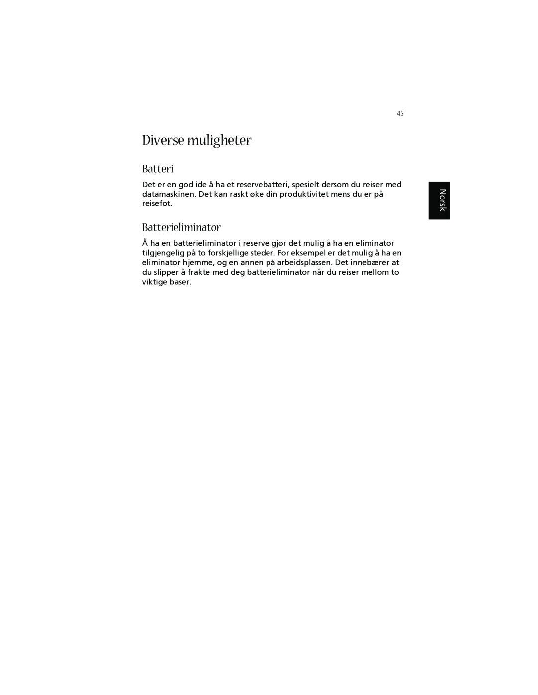 Acer 1660 manual Diverse muligheter, Batterieliminator, Norsk 