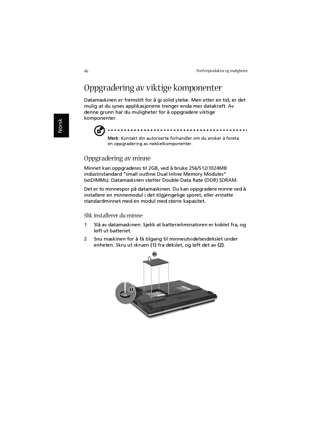 Acer 1660 manual Oppgradering av viktige komponenter, Oppgradering av minne, Slik installerer du minne, Norsk 