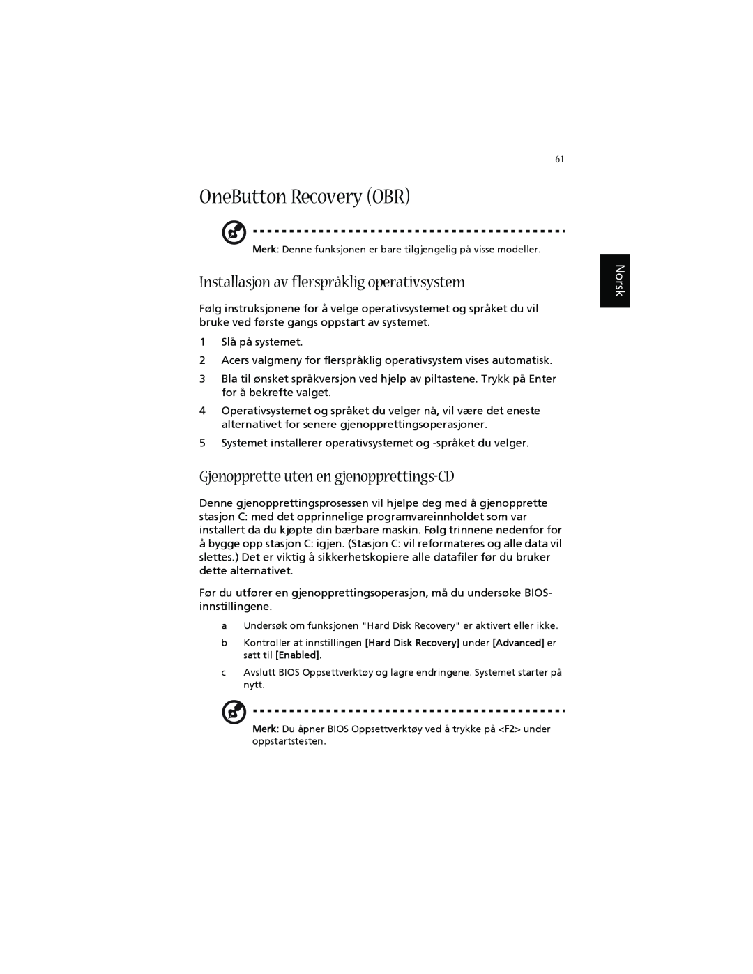 Acer 1660 OneButton Recovery OBR, Installasjon av flerspråklig operativsystem, Gjenopprette uten en gjenopprettings-CD 