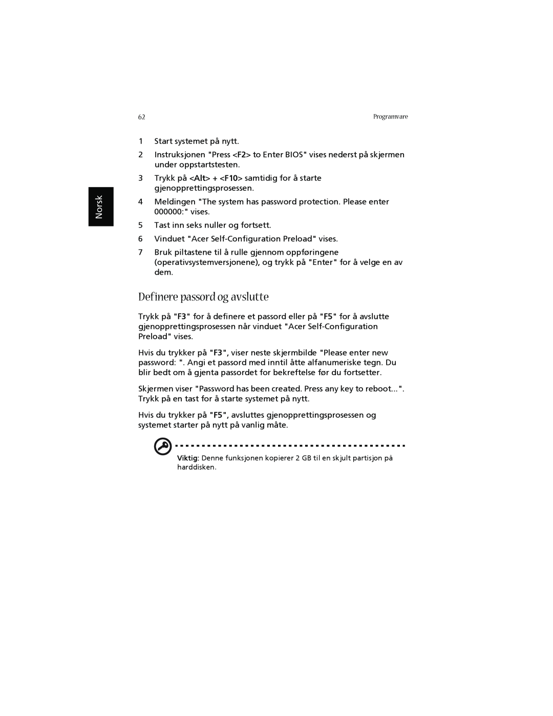 Acer 1660 manual Definere passord og avslutte, Norsk 