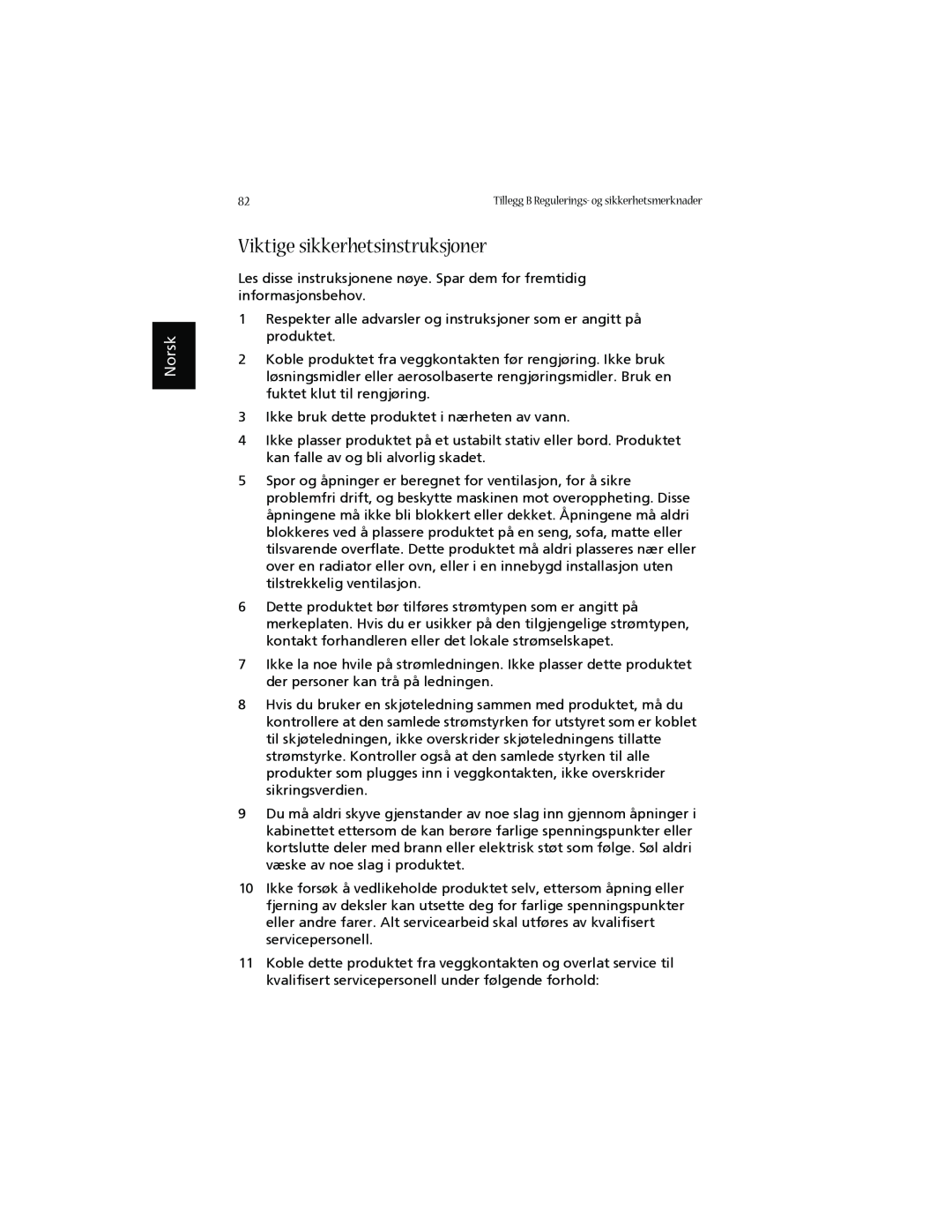 Acer 1660 manual Viktige sikkerhetsinstruksjoner, Norsk 