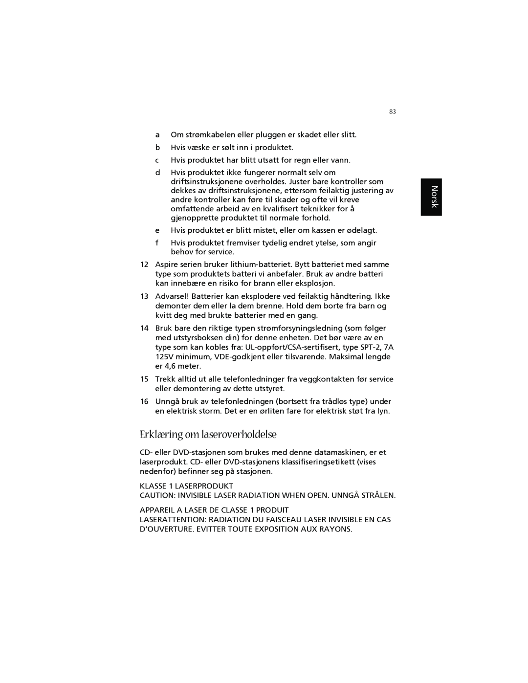 Acer 1660 manual Erklæring om laseroverholdelse, Norsk 