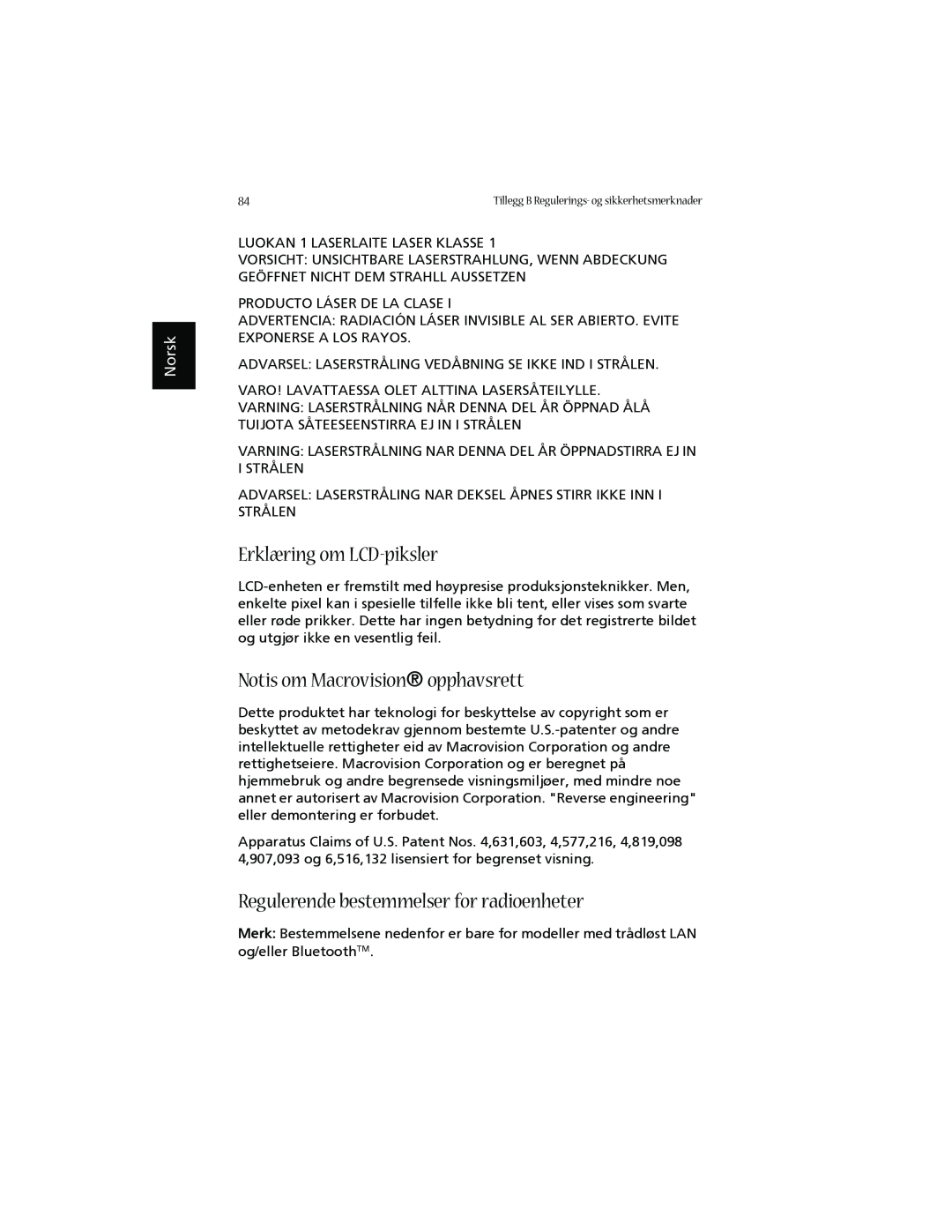 Acer 1660 Erklæring om LCD-piksler, Notis om Macrovision opphavsrett, Regulerende bestemmelser for radioenheter, Norsk 