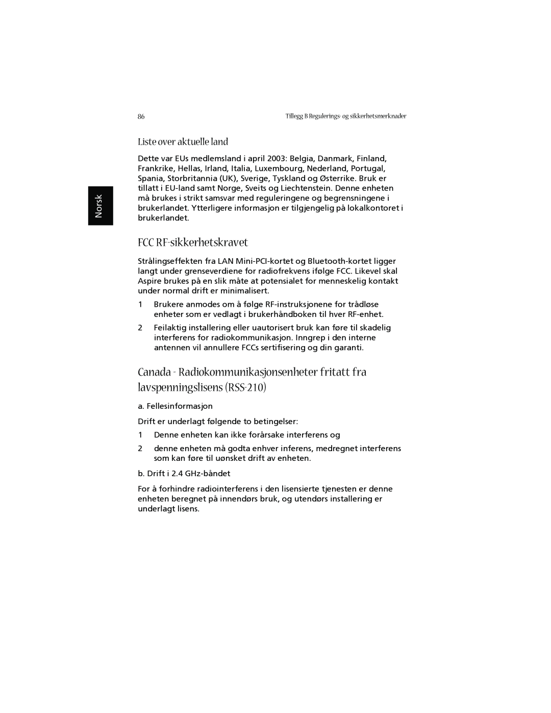 Acer 1660 manual FCC RF-sikkerhetskravet, Liste over aktuelle land, Norsk 