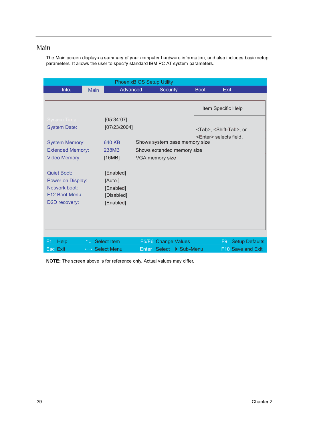 Acer 1680 manual Main, Advanced Security Boot Exit 