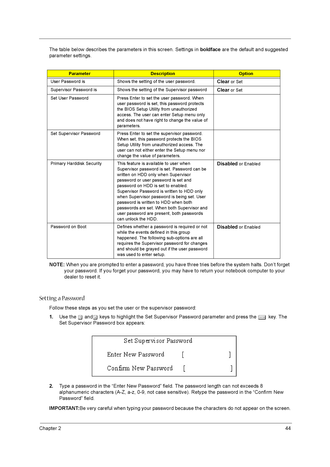 Acer 1680 manual Clear or Set, Parameter Description Option 