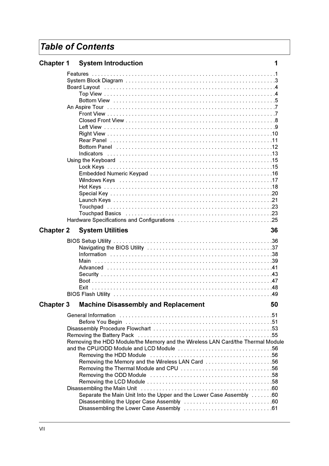 Acer 1680 manual Table of Contents 