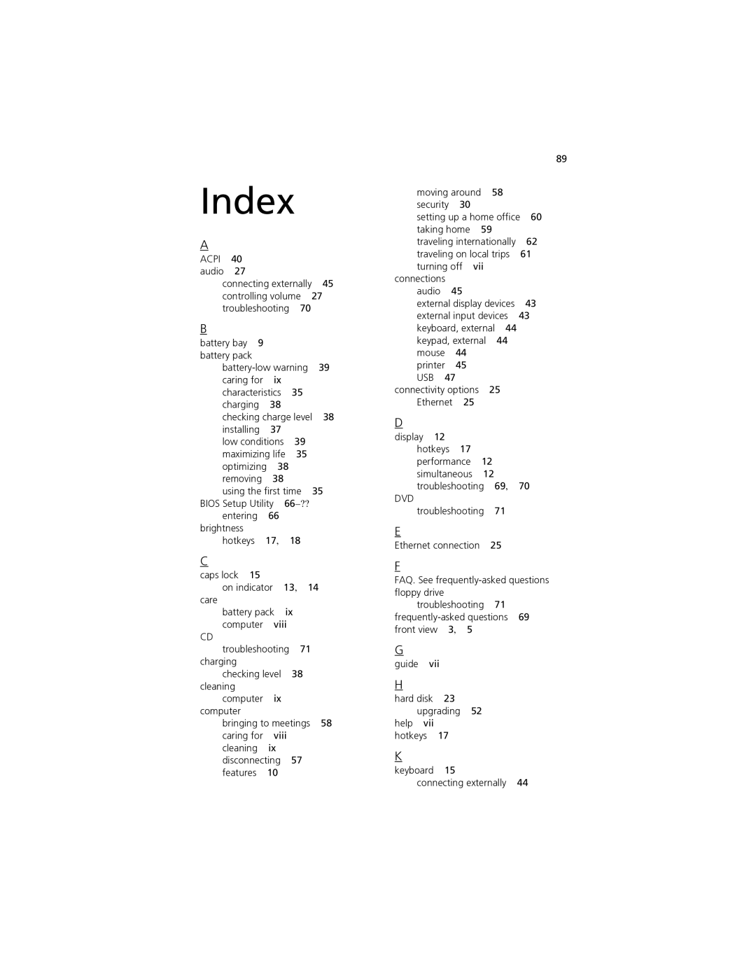 Acer 1700 manual Index 