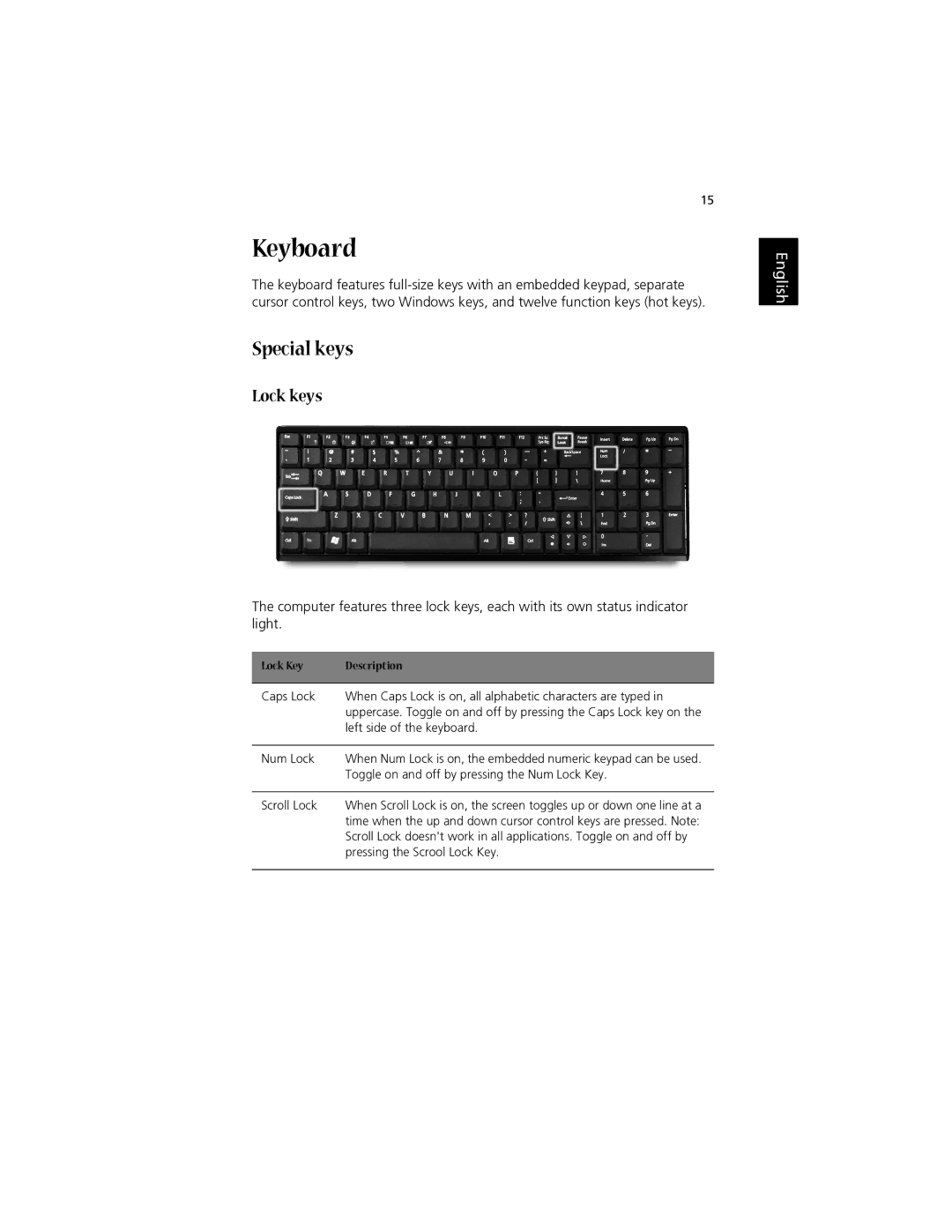 Acer 1700 manual Keyboard, Special keys, Lock keys 