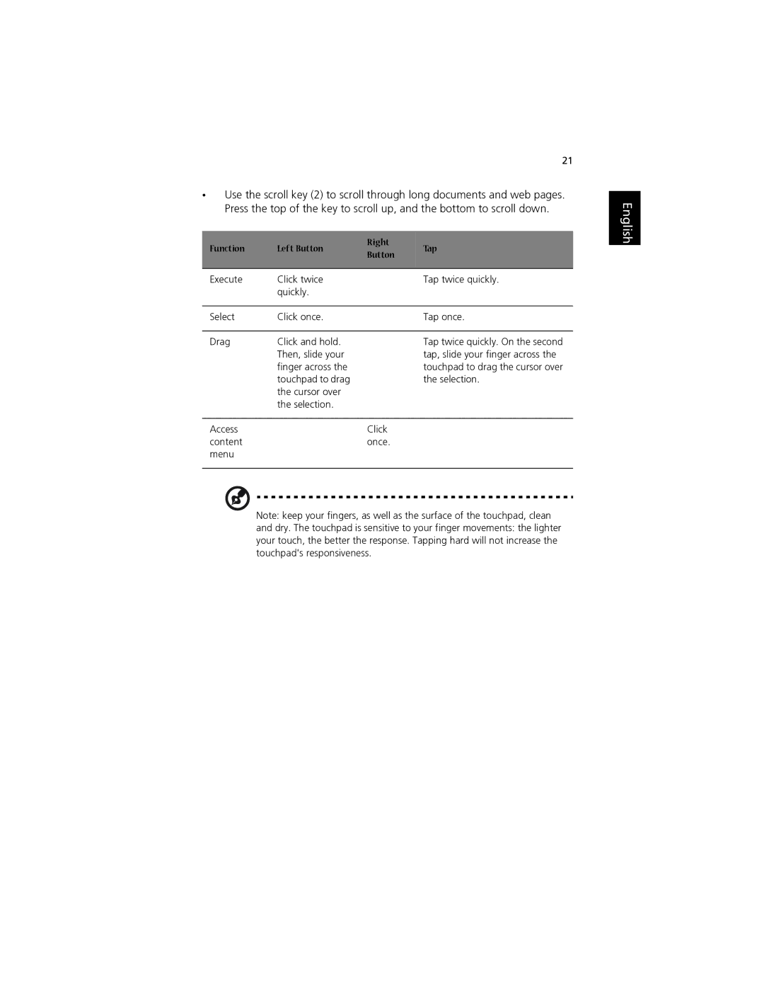 Acer 1700 manual Function Left Button Right Tap 