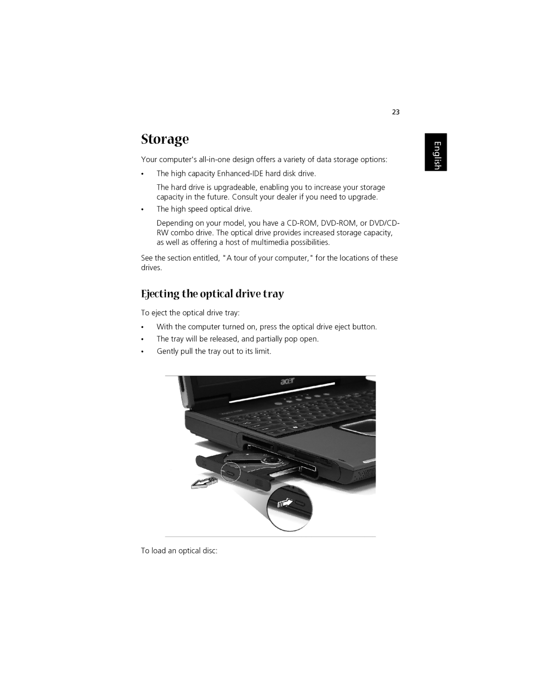 Acer 1700 manual Storage, Ejecting the optical drive tray 