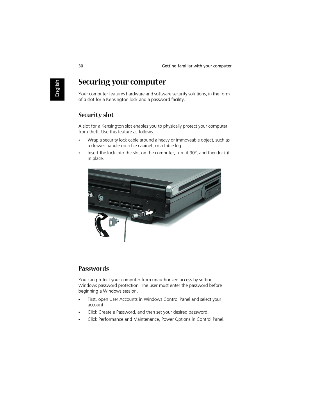 Acer 1700 manual Securing your computer, Security slot, Passwords 