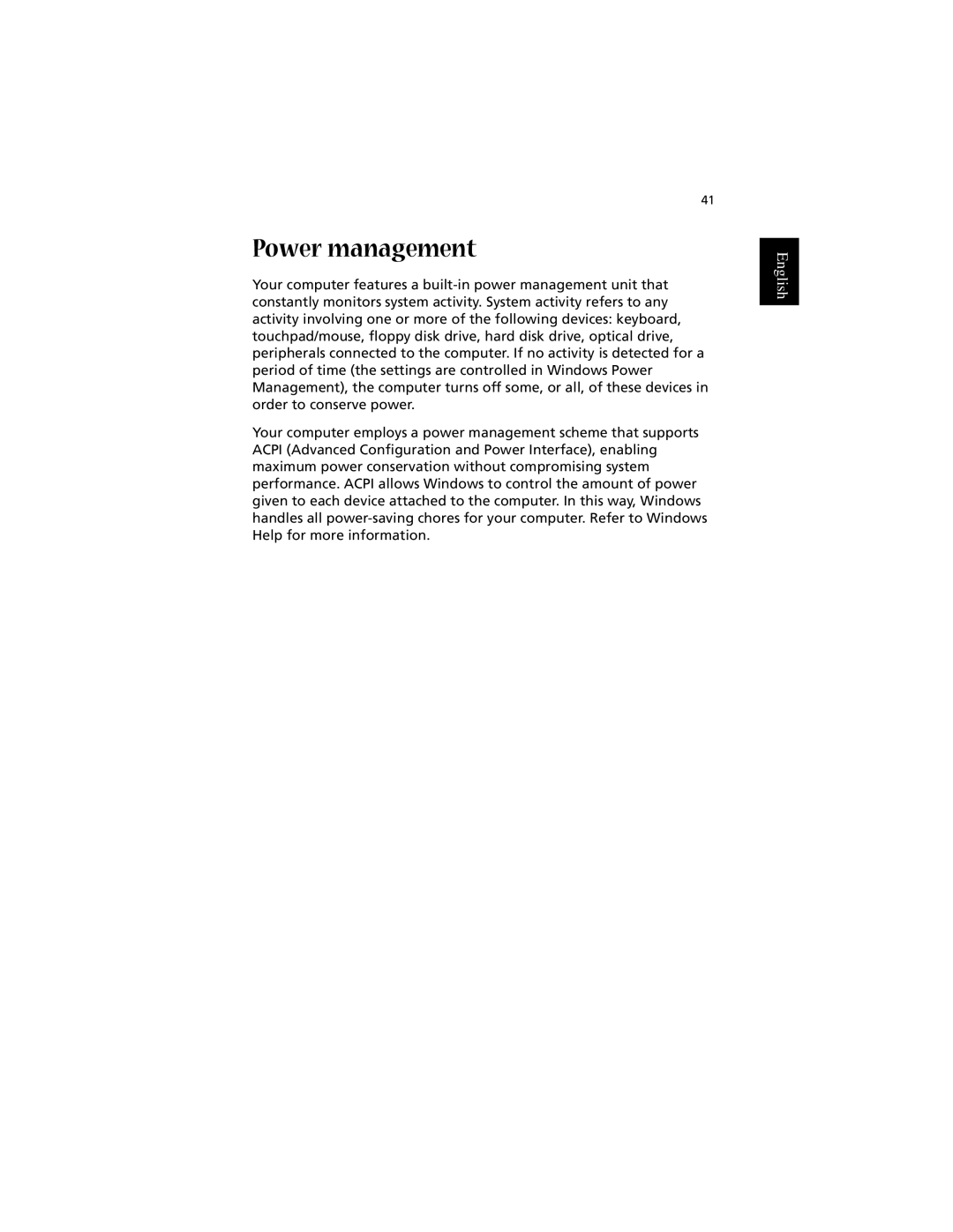 Acer 1700 manual Power management 