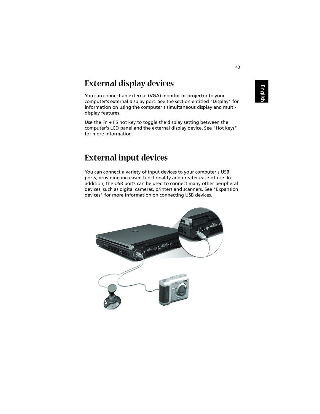 Acer 1700 manual External display devices, External input devices 