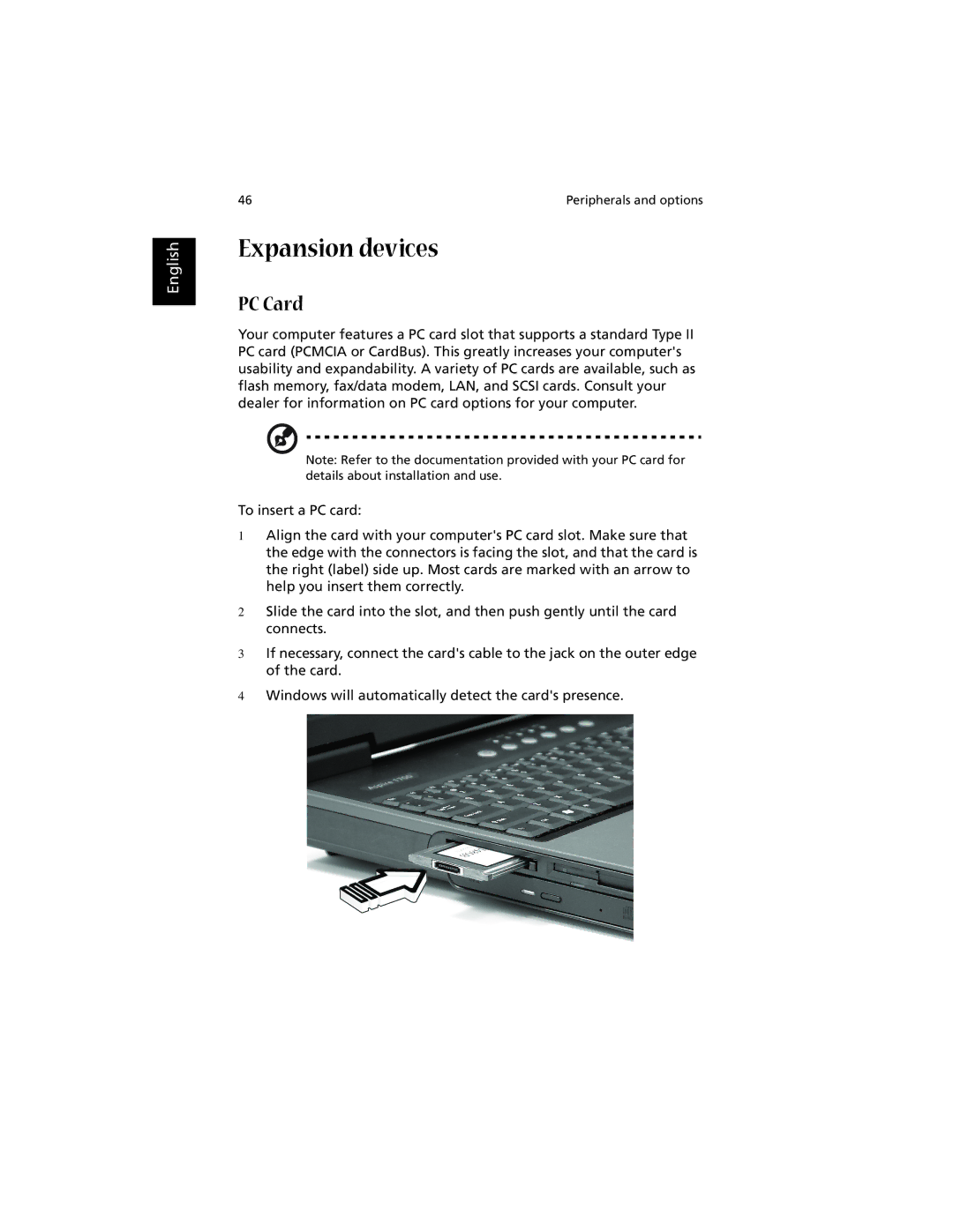 Acer 1700 manual Expansion devices, PC Card 