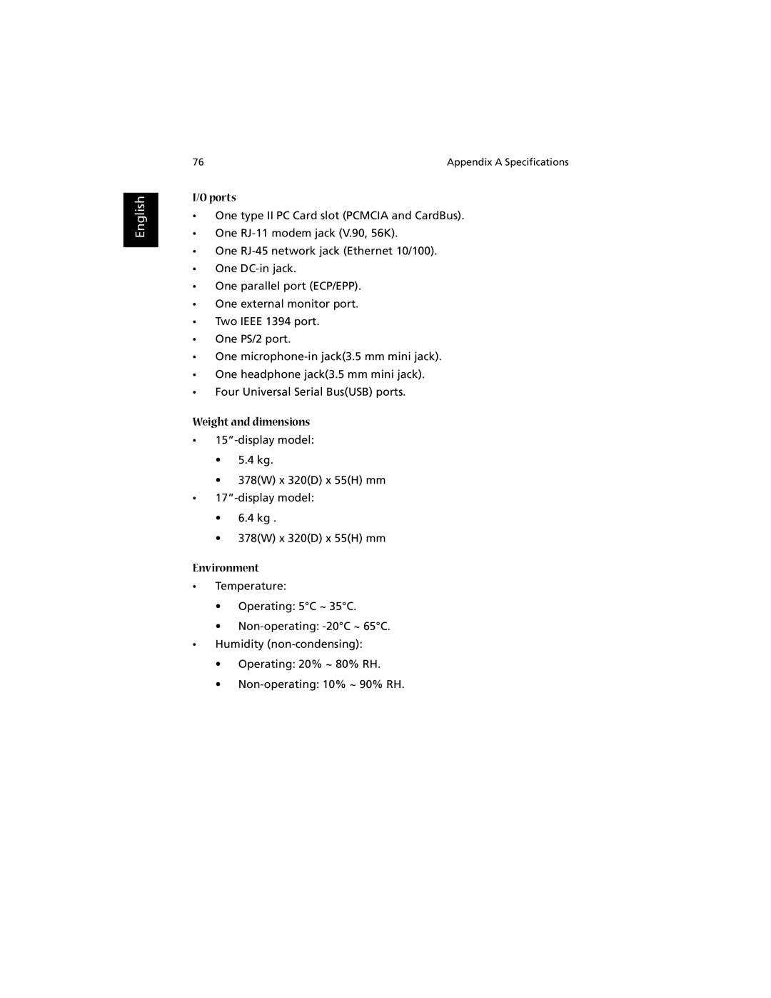 Acer 1700 manual Ports, Weight and dimensions, Environment 