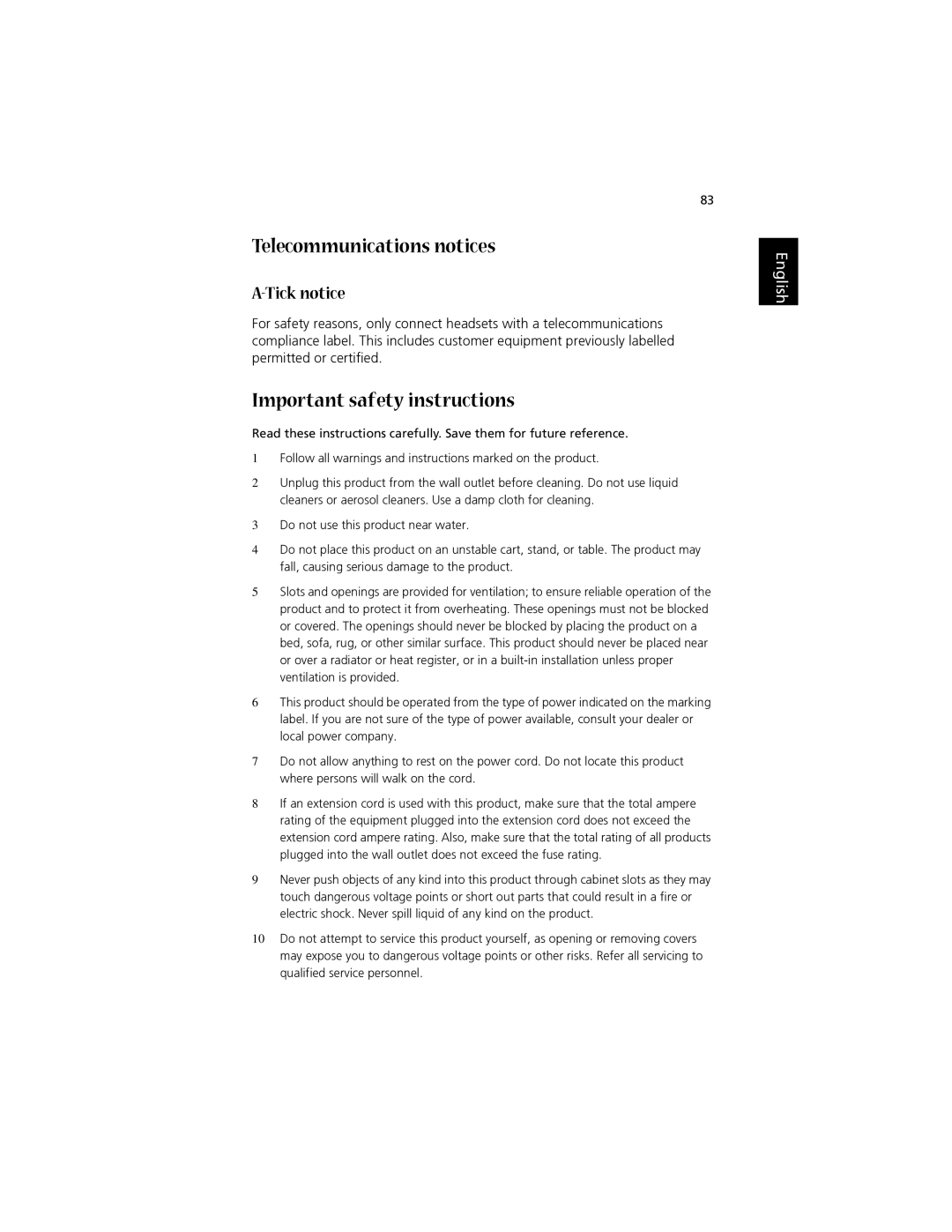 Acer 1700 manual Telecommunications notices, Important safety instructions, Tick notice 