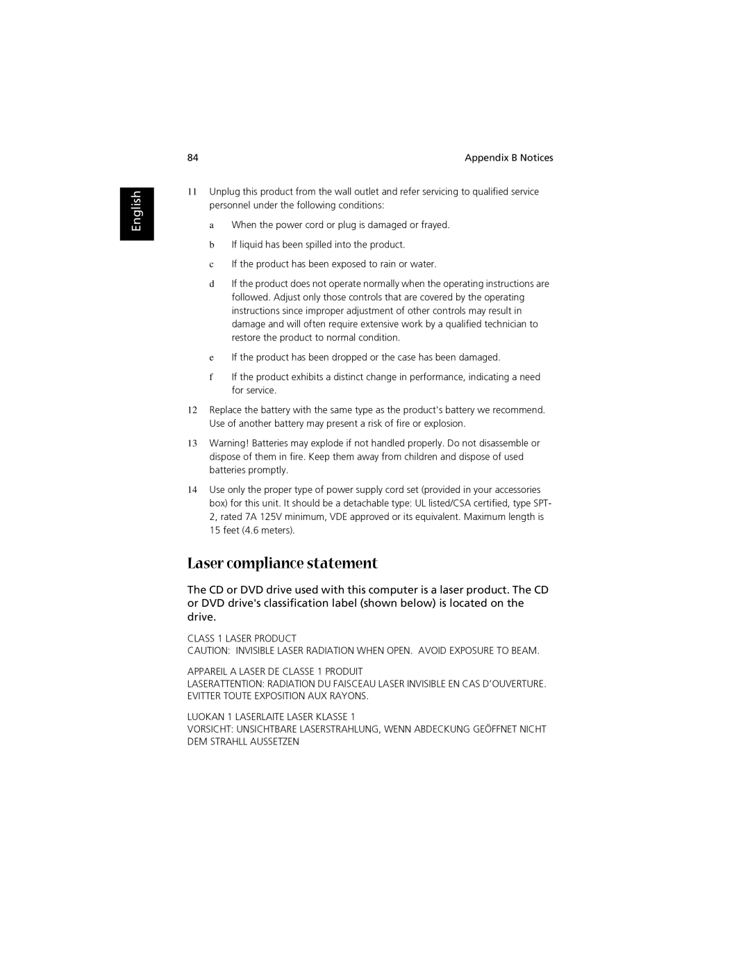 Acer 1700 manual Laser compliance statement 