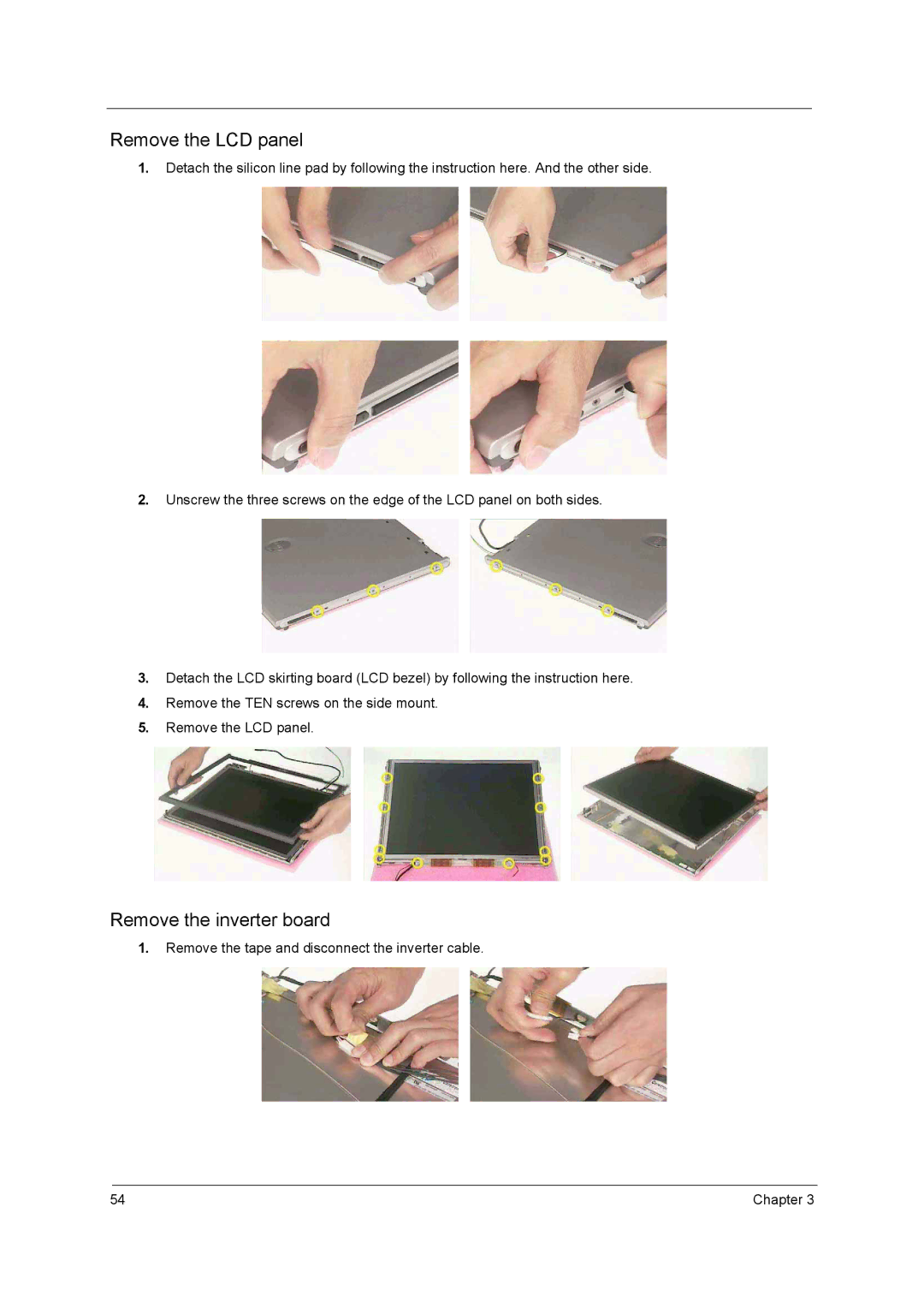 Acer 1700 manual Remove the LCD panel, Remove the inverter board 