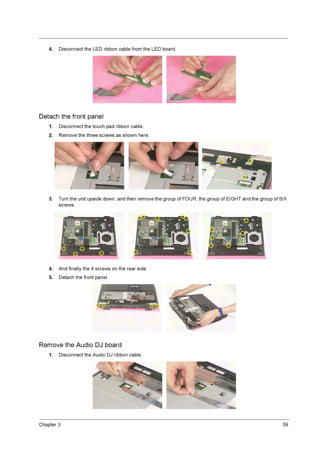 Acer 1700 manual Detach the front panel, Remove the Audio DJ board 