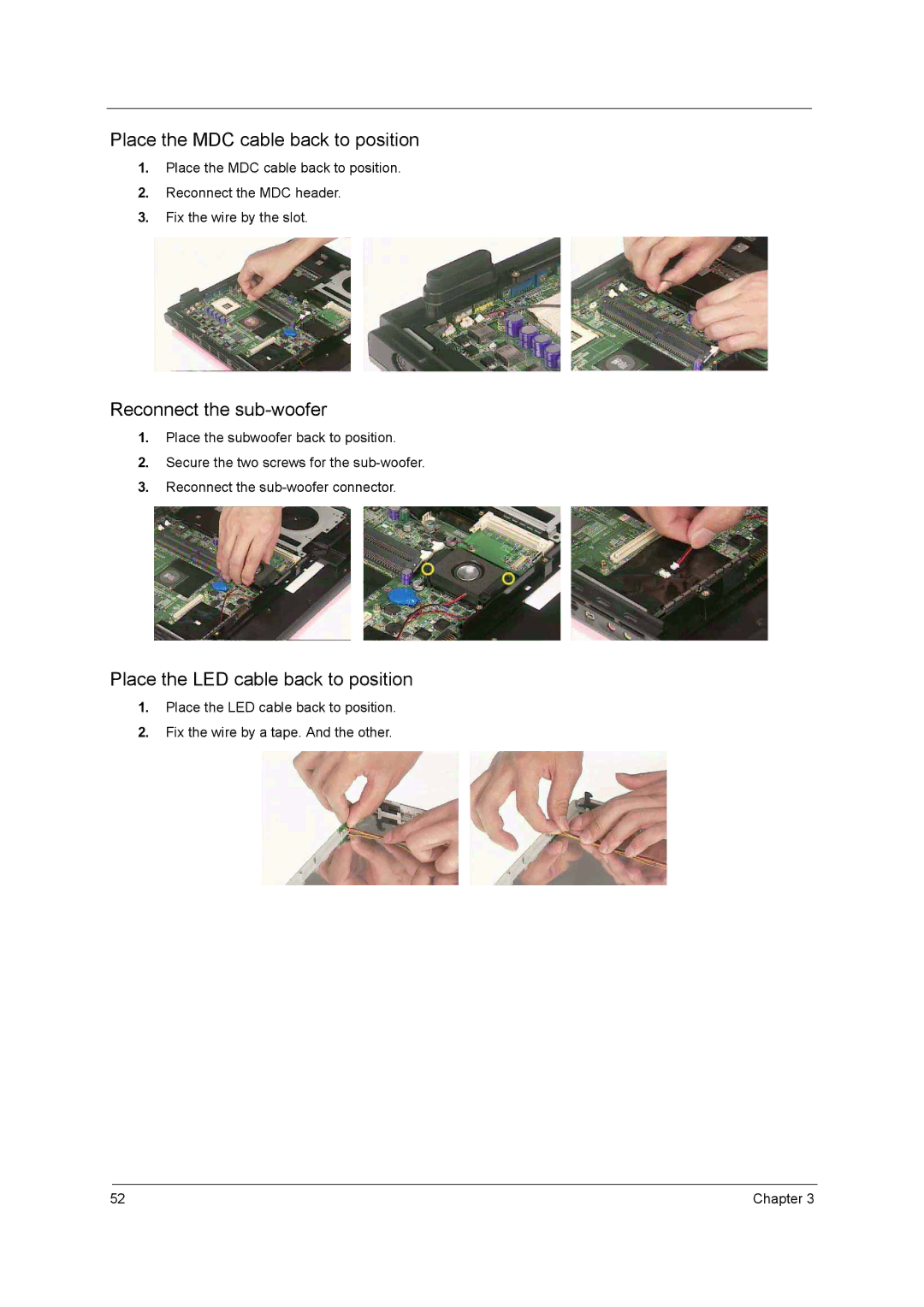 Acer 1700 manual Place the MDC cable back to position, Reconnect the sub-woofer, Place the LED cable back to position 