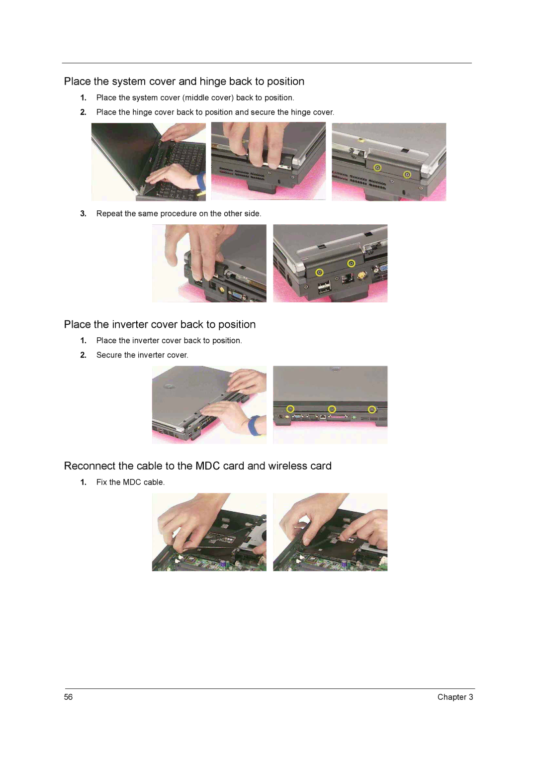 Acer 1700 manual Place the system cover and hinge back to position, Place the inverter cover back to position 