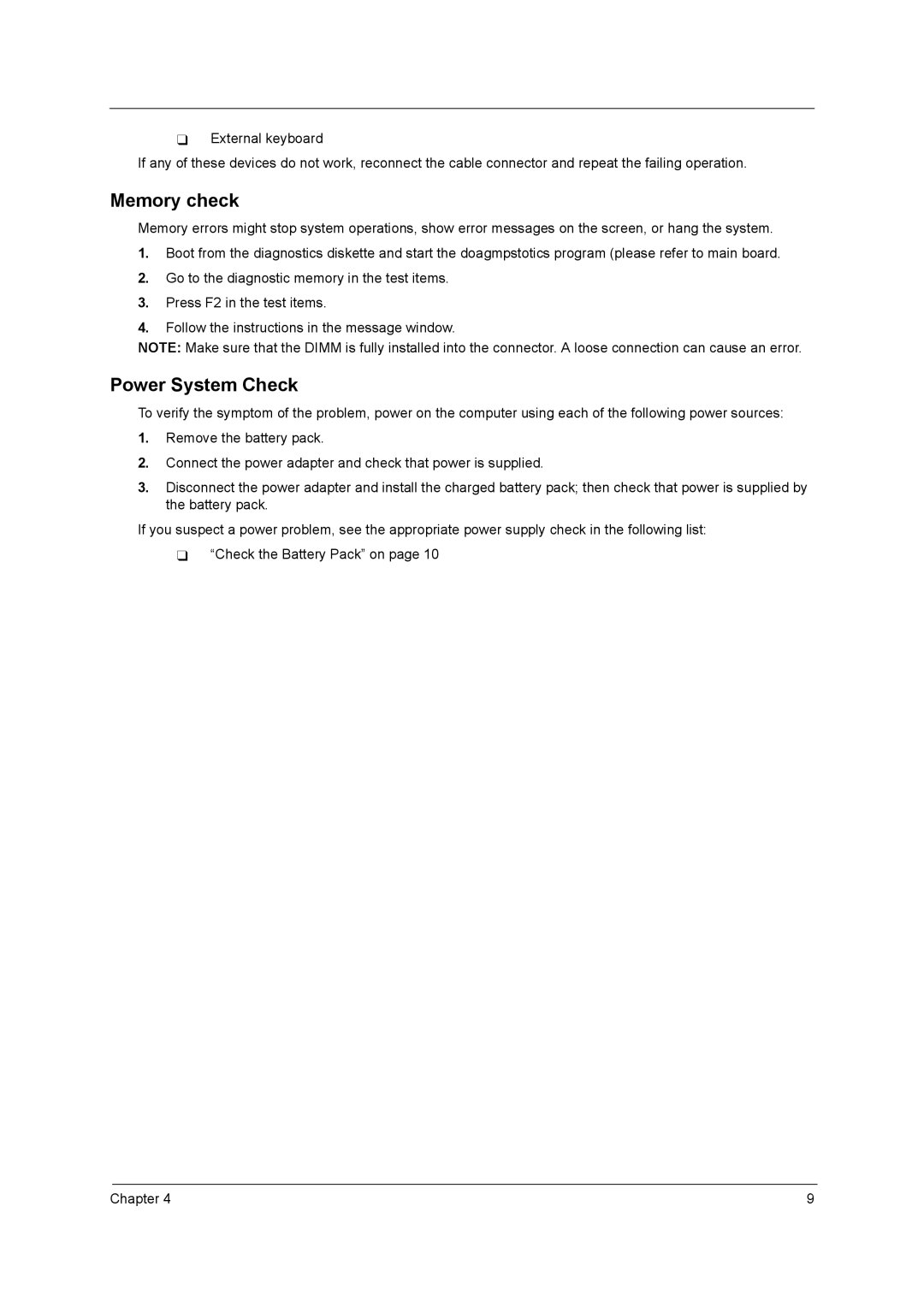 Acer 1700 manual Memory check, Power System Check 