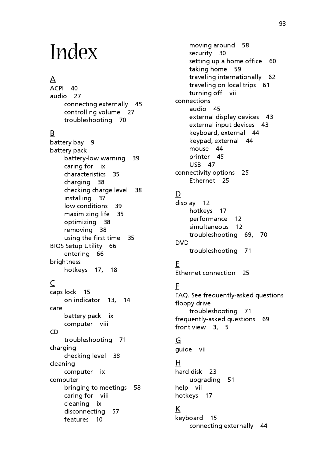 Acer 1710 Series manual Index 