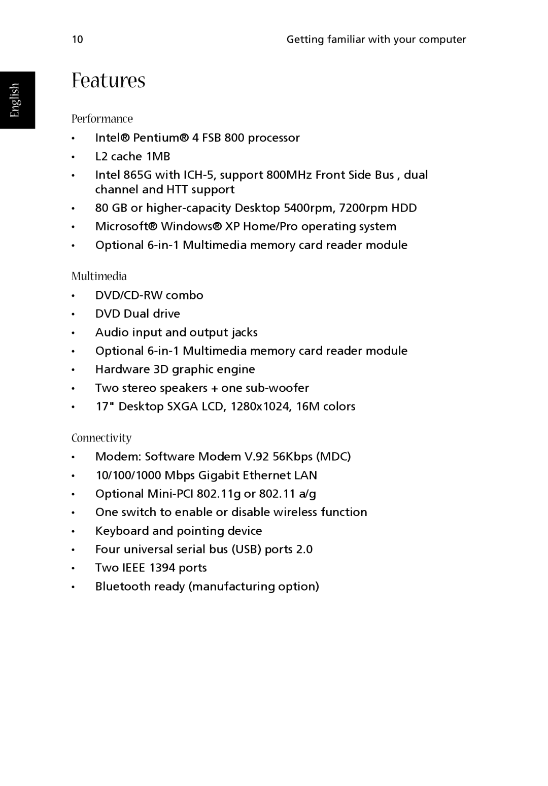 Acer 1710 Series manual Features, Performance 