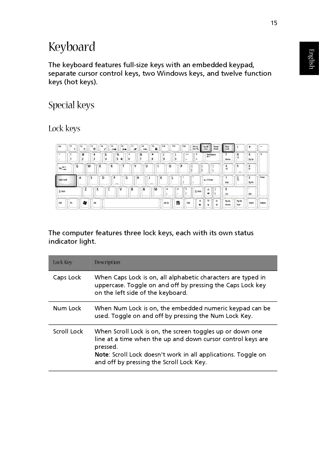 Acer 1710 Series manual Keyboard, Special keys, Lock keys 