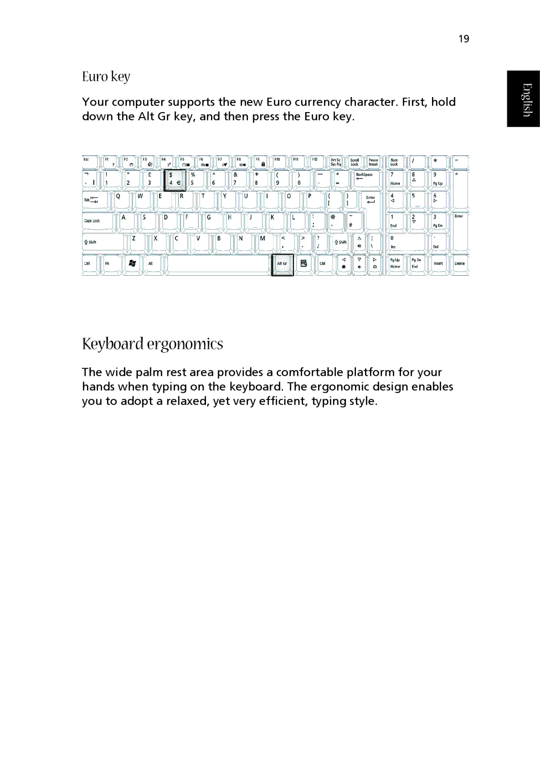 Acer 1710 Series manual Keyboard ergonomics, Euro key 