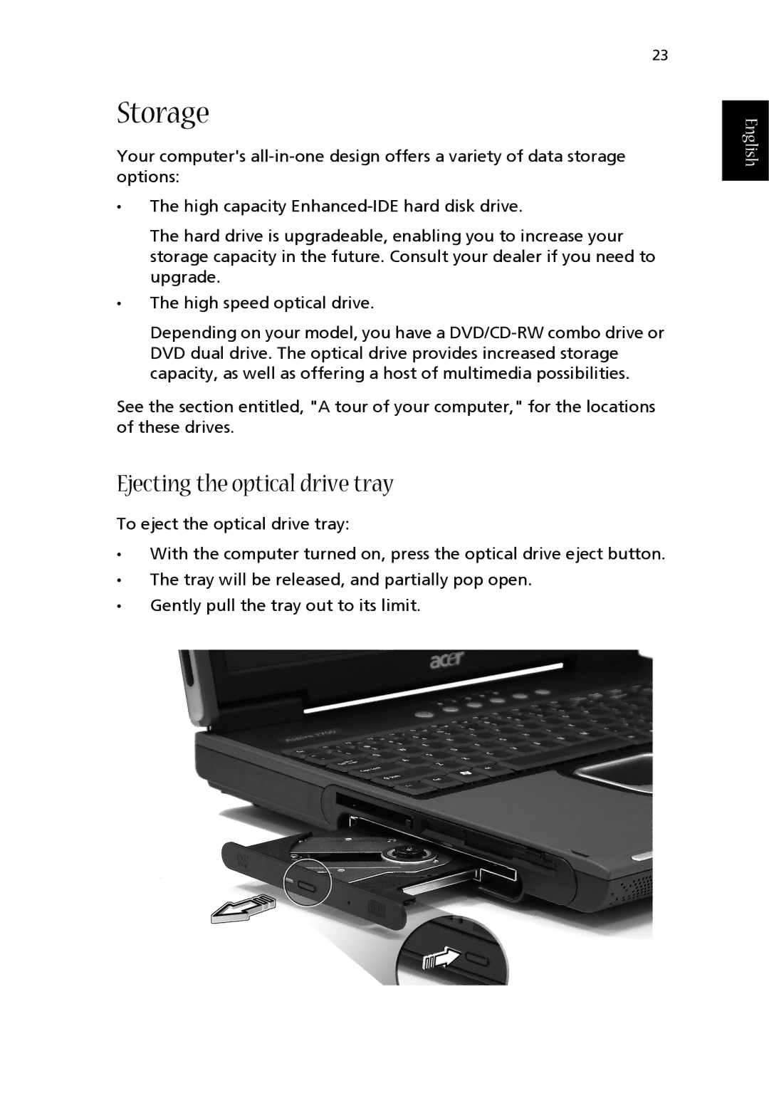 Acer 1710 Series manual Storage, Ejecting the optical drive tray 