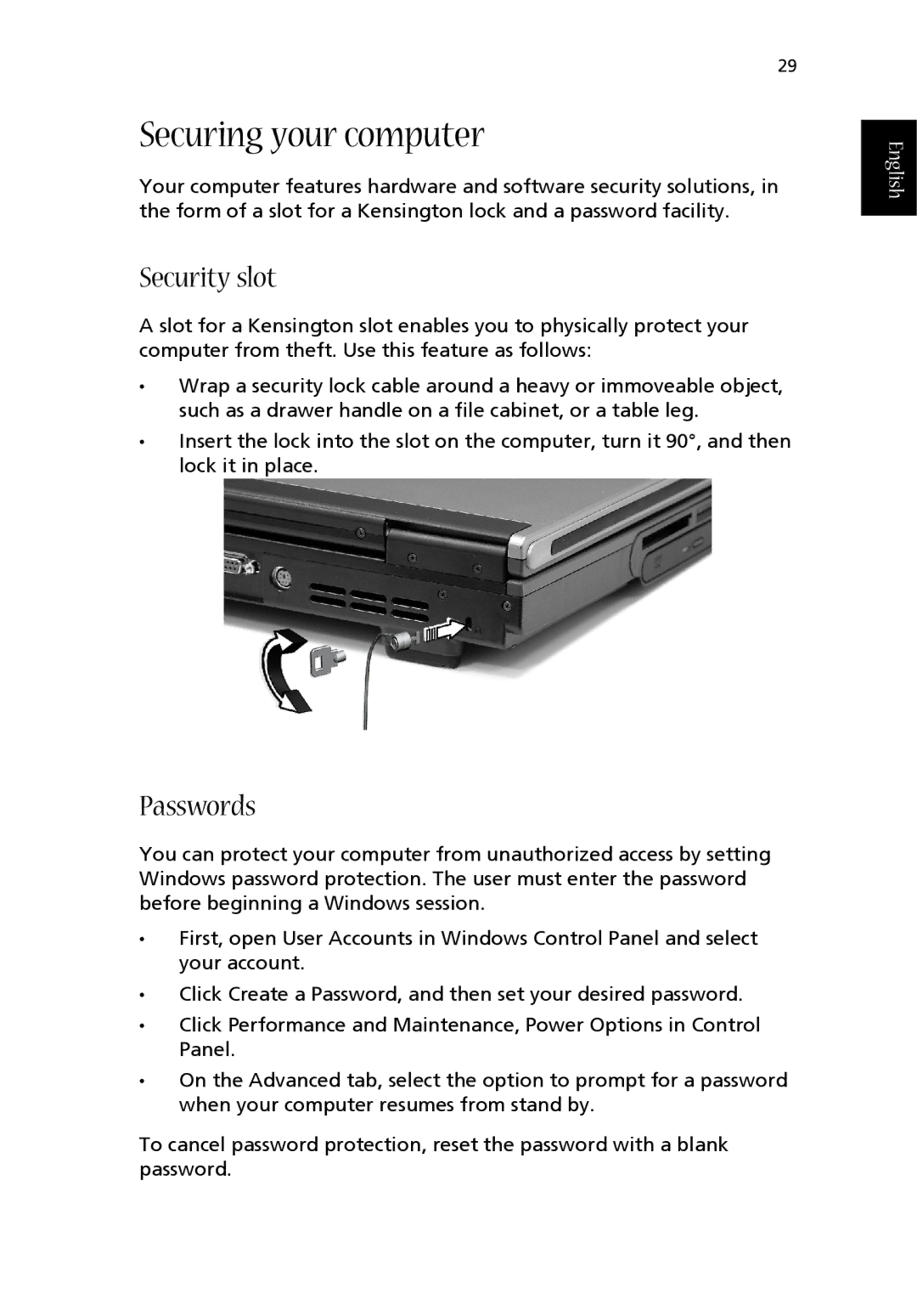 Acer 1710 Series manual Securing your computer, Security slot, Passwords 