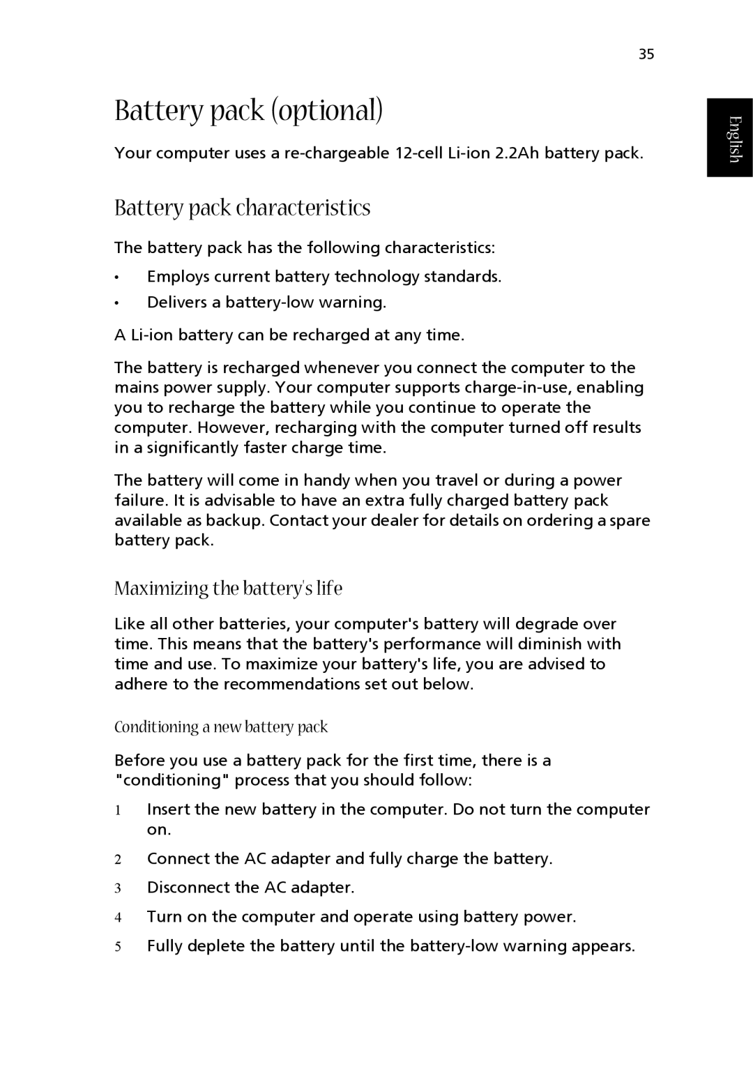 Acer 1710 Series manual Battery pack optional, Battery pack characteristics, Maximizing the batterys life 