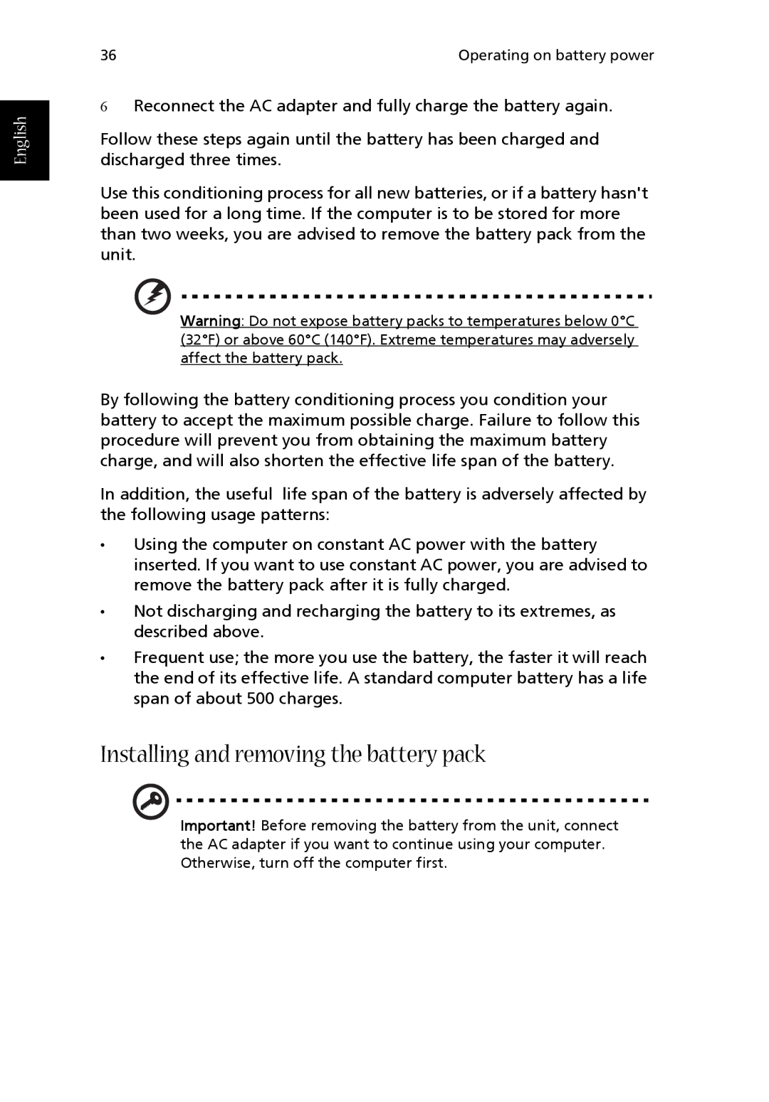 Acer 1710 Series manual Installing and removing the battery pack 