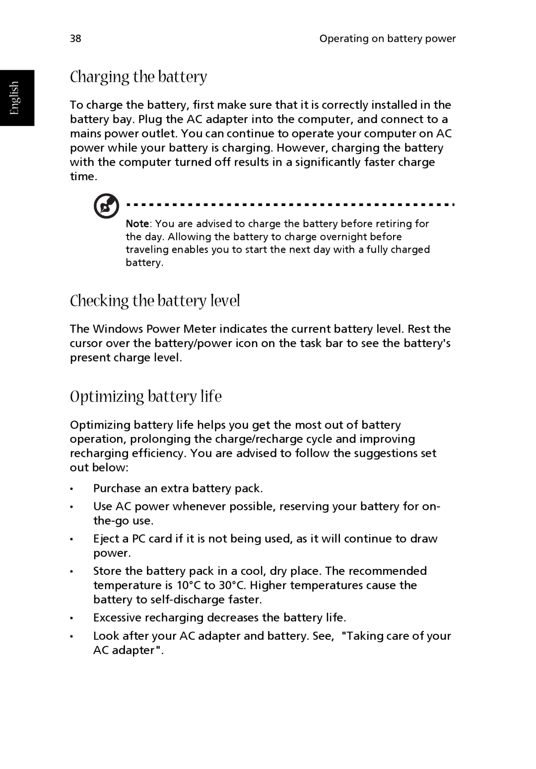 Acer 1710 Series manual Charging the battery, Checking the battery level, Optimizing battery life 