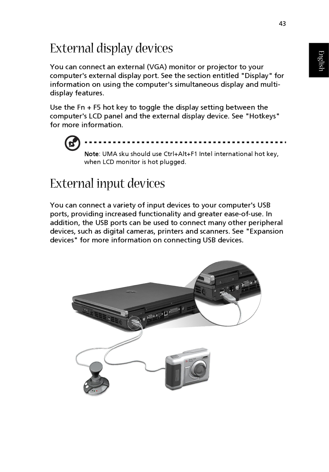 Acer 1710 Series manual External display devices, External input devices 