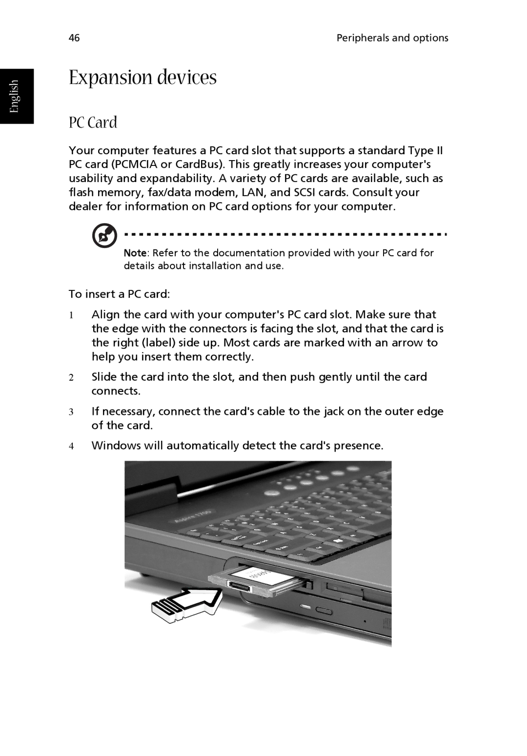 Acer 1710 Series manual Expansion devices, PC Card 