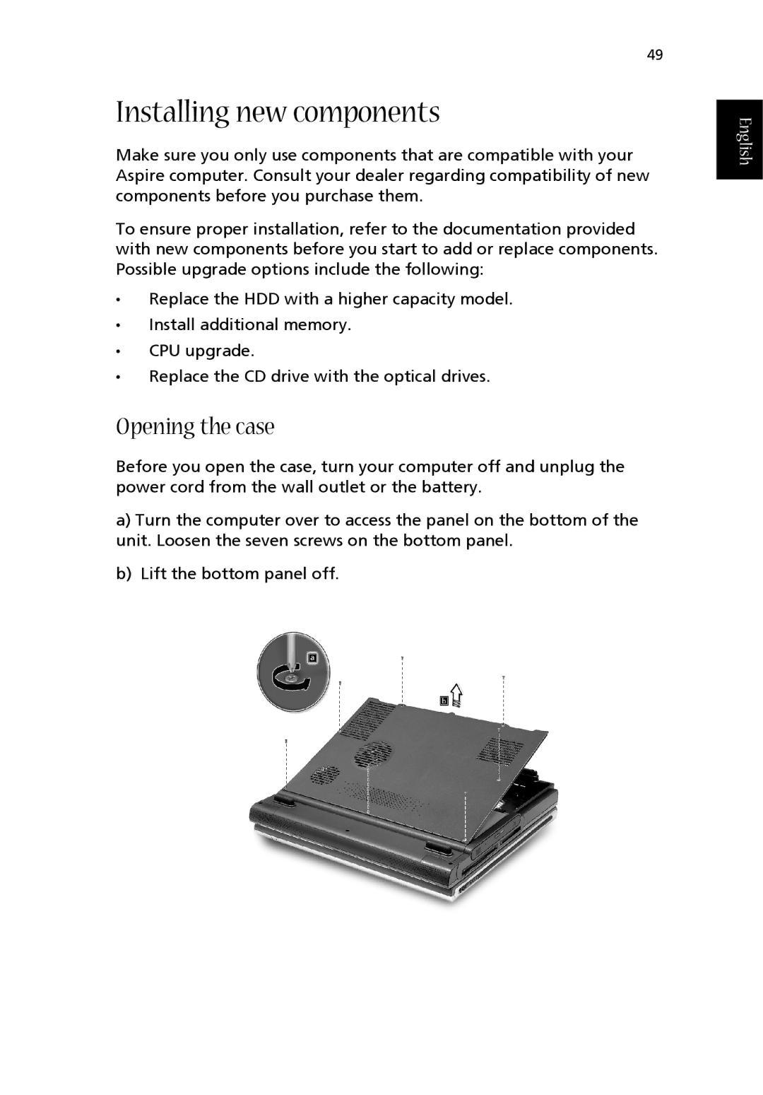 Acer 1710 Series manual Installing new components, Opening the case 