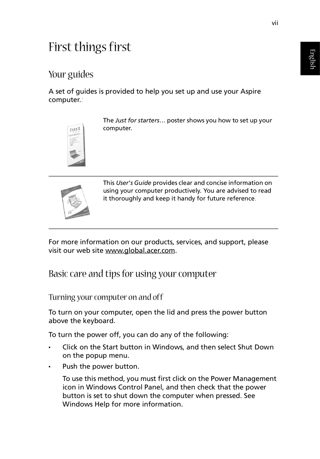 Acer 1710 Series manual First things first, Your guides, Basic care and tips for using your computer 