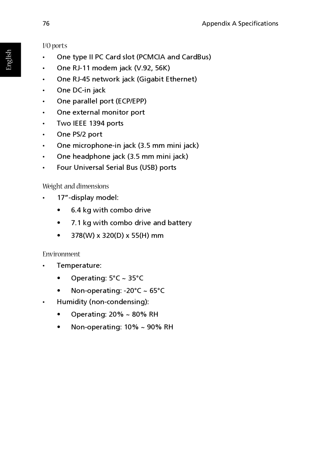 Acer 1710 Series manual Weight and dimensions 