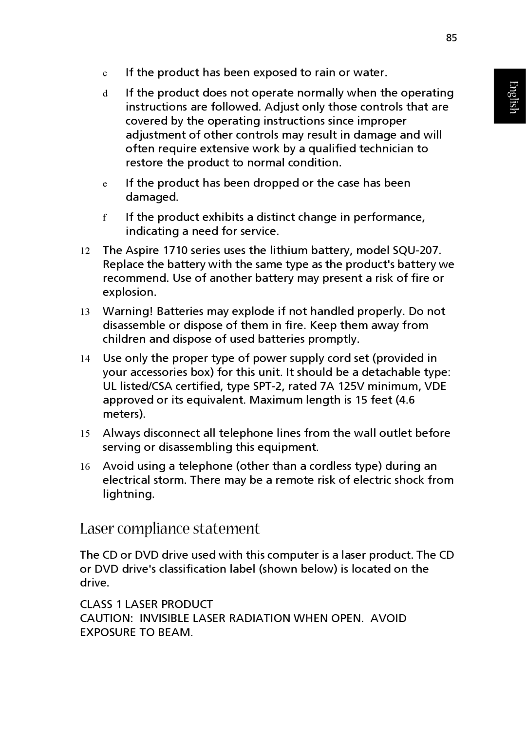 Acer 1710 Series manual Laser compliance statement 