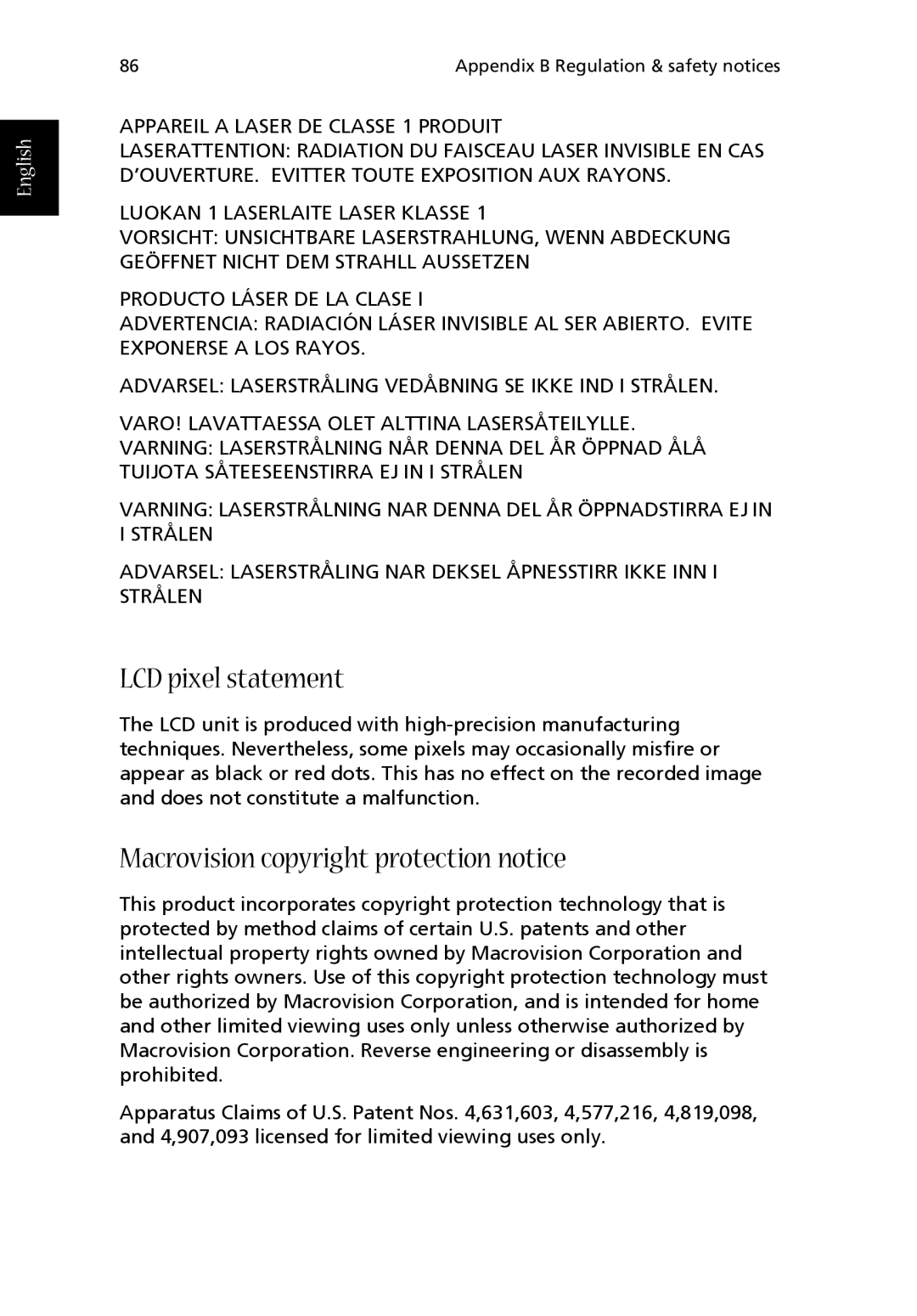 Acer 1710 Series manual LCD pixel statement, Macrovision copyright protection notice 