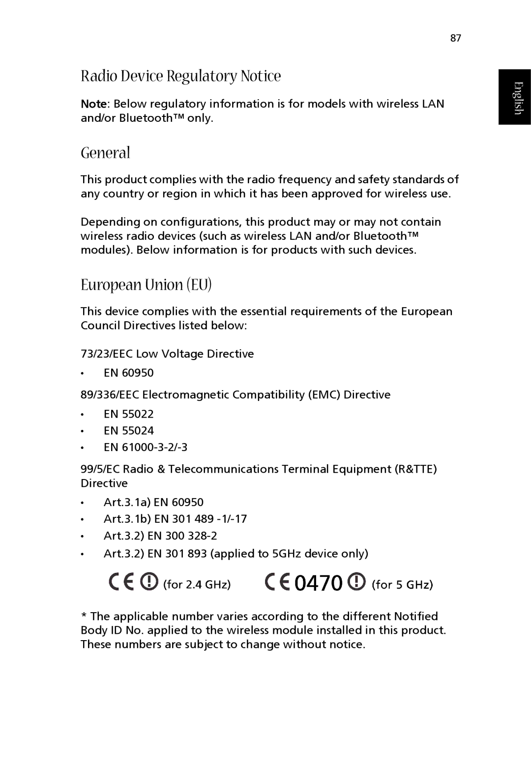 Acer 1710 Series manual Radio Device Regulatory Notice General, European Union EU 